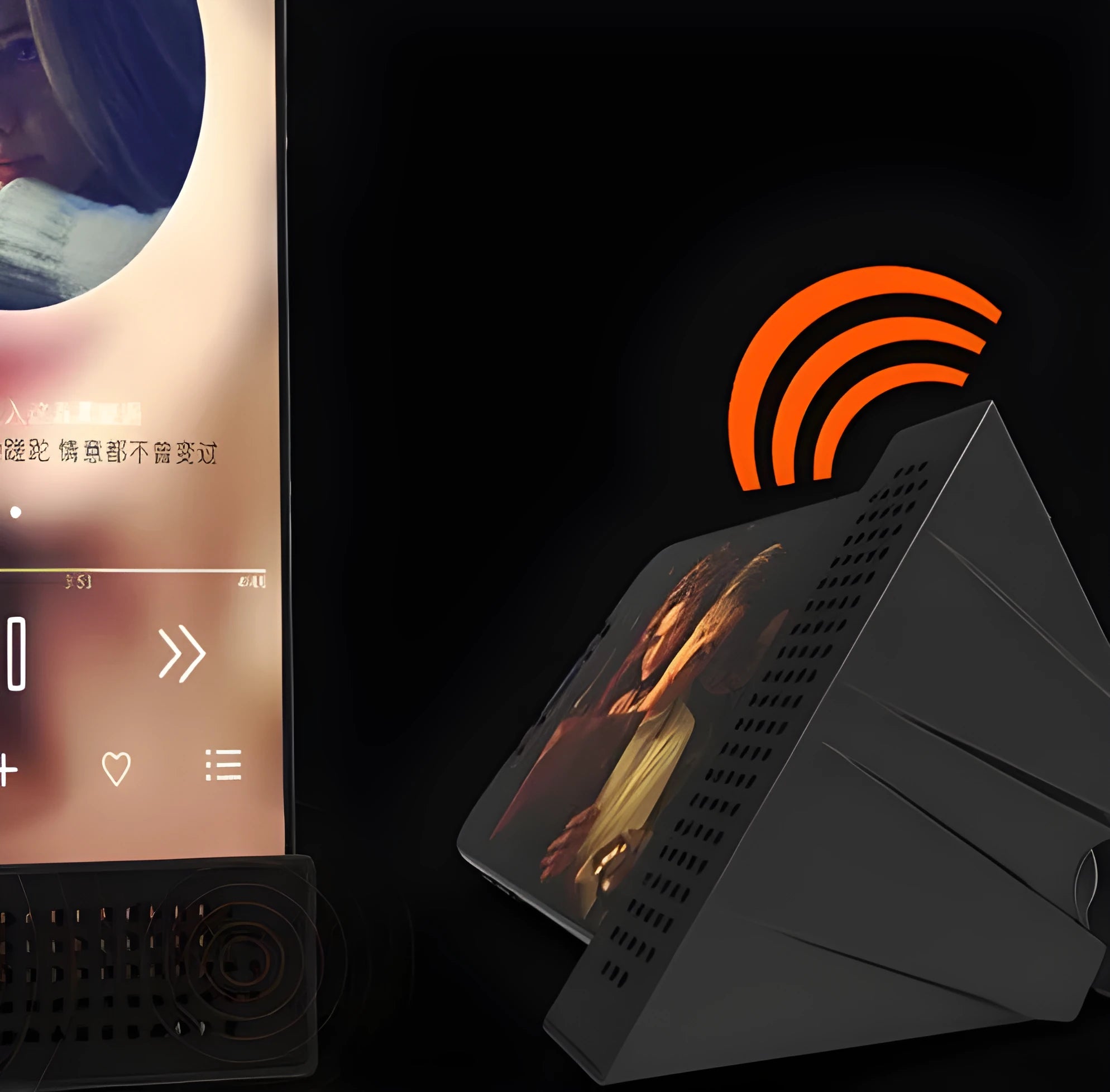 Portable black ABS plastic phone amplifier holder with an iPhone inserted, shown on a desktop.