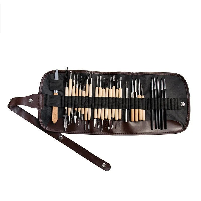 27-piece pottery clay tool set with stainless steel, wooden, and plastic tools in roll package