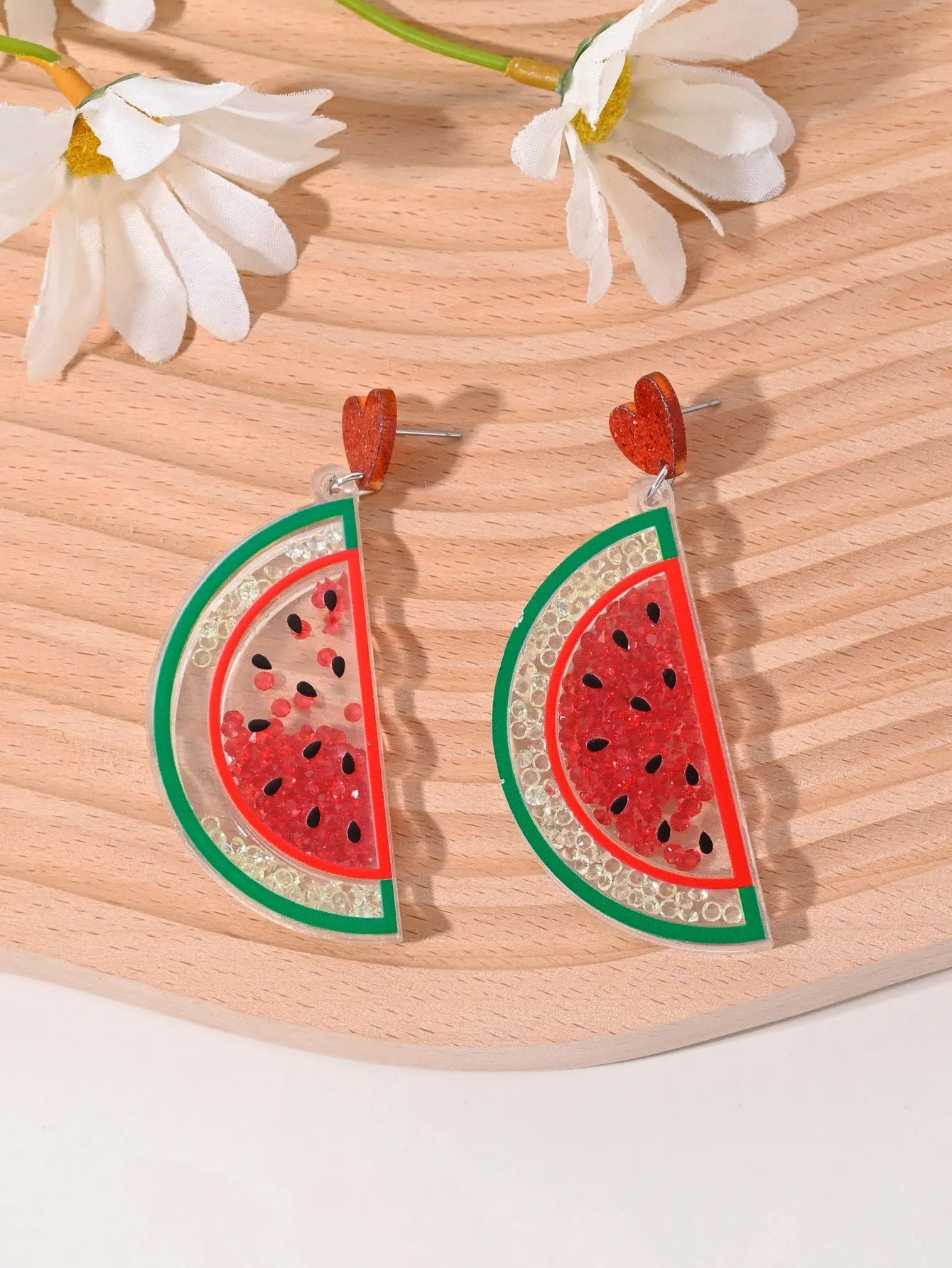 Colourful acrylic fruit earrings for women featuring cherry, strawberry, watermelon, and pineapple shapes, dangle style