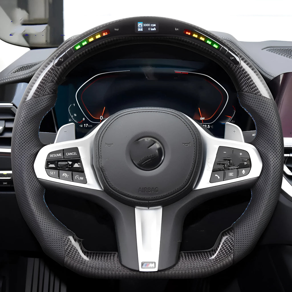 Black carbon fibre BMW steering wheel with LED controls for X3 X5 models