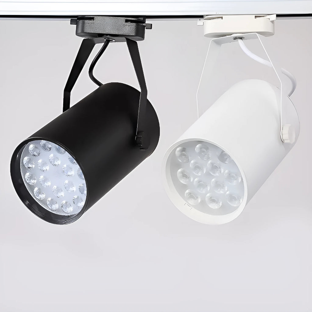 Black and white aluminium LED track spotlight on a lighting track for store display walls.