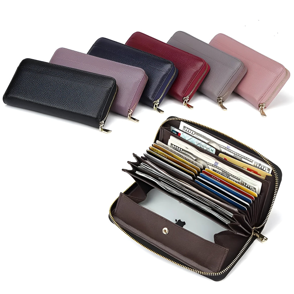 Long women's genuine leather wallet in solid colour with anti-theft card swiping feature and large storage capacity