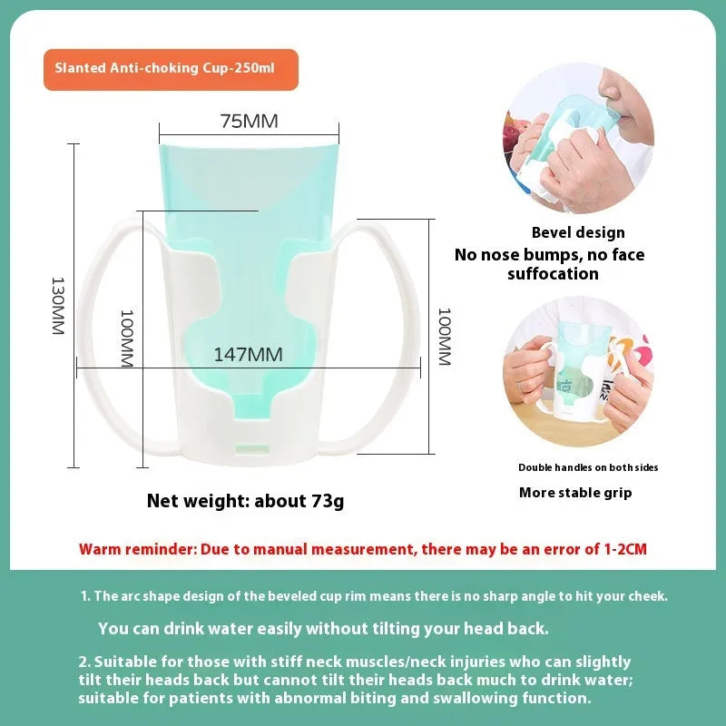 Angled mouth choke-proof bedside drinking cup with handle and lid, shown in PP plastic.