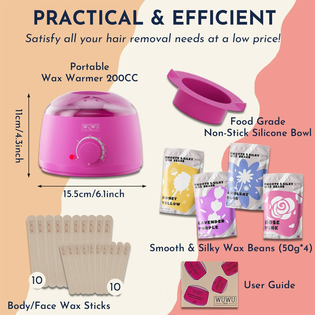 27-piece hypoallergenic waxing kit with wax warmer, four coloured wax bead jars, and applicator sticks for face and body hair removal