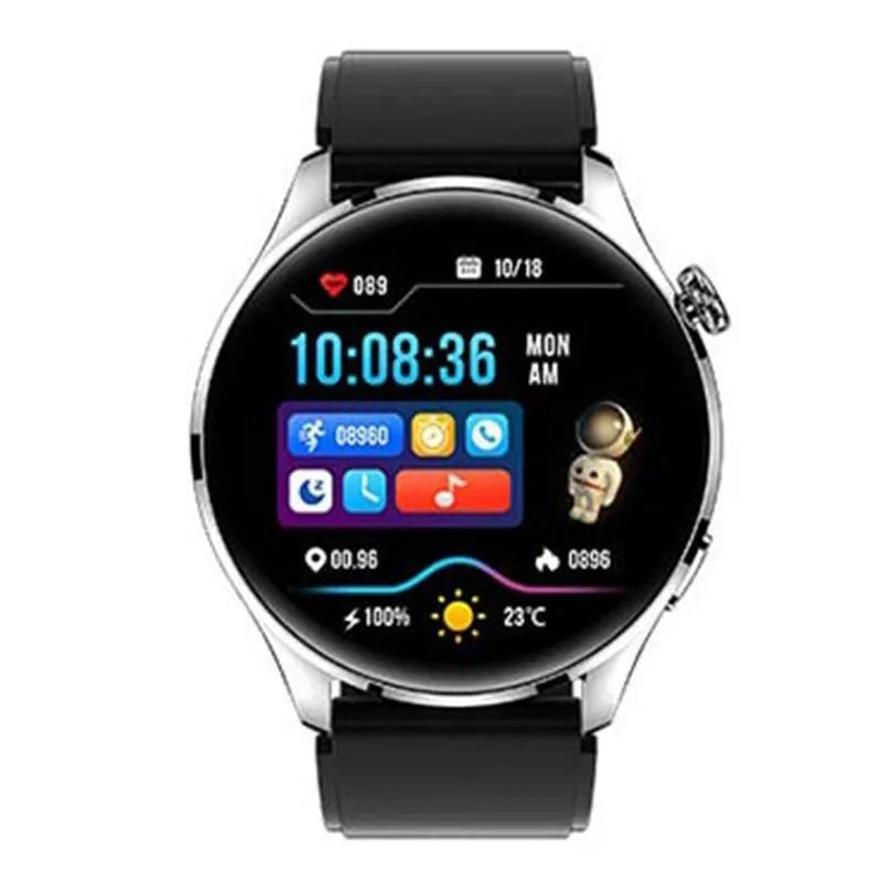 Black smartwatch with round colour touchscreen on a silicone strap, showing a watch face interface.