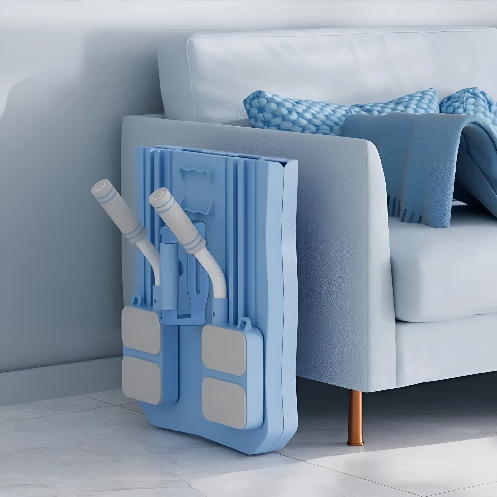 Pink and blue multifunctional supine board with wheel for home abdominal exercises.