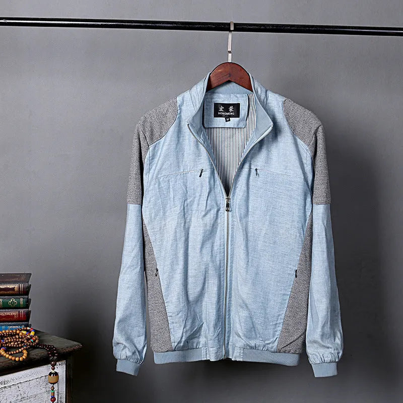Men's thin linen jacket in heather gray, grass green, or blue, made from cotton, showing colour-matching pattern.