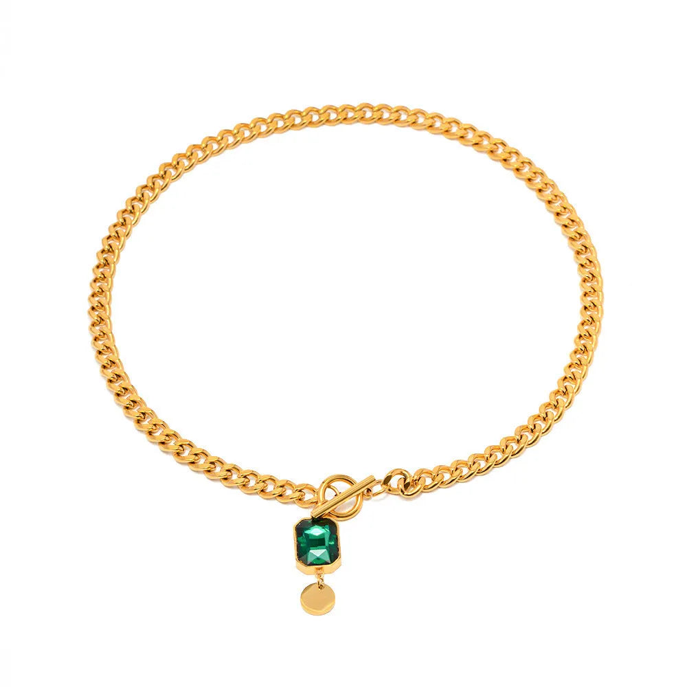 Gold electroplated titanium steel necklace with French retro geometric pendant and emerald zircon details
