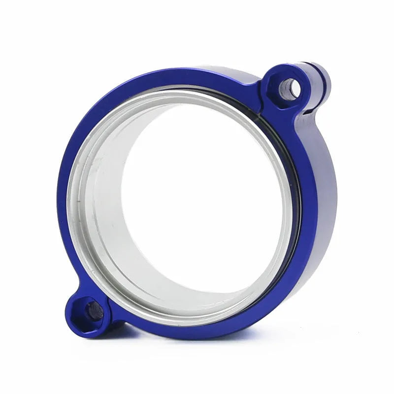 Aluminium exhaust clamp for turbo downpipes in black, blue, and red with 800psi pressure rating