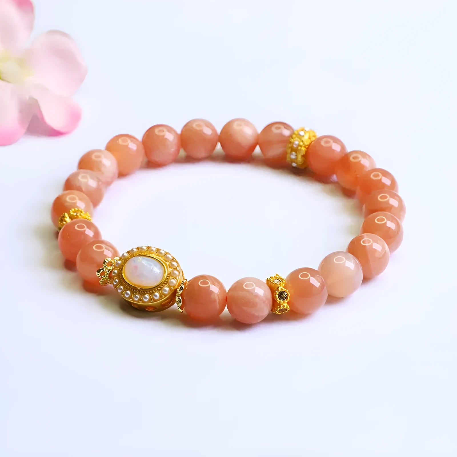 Natural orange moonlight hand-woven moonstone bracelet with 8mm round beads for women