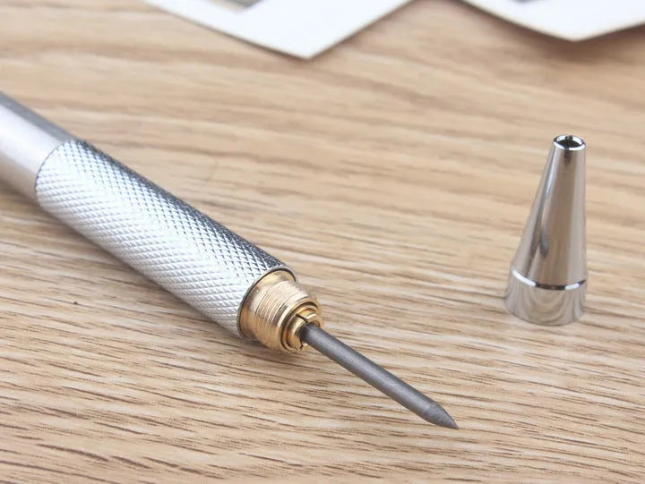 Metal automatic mechanical pencil with 2B graphite refill showing lead size options