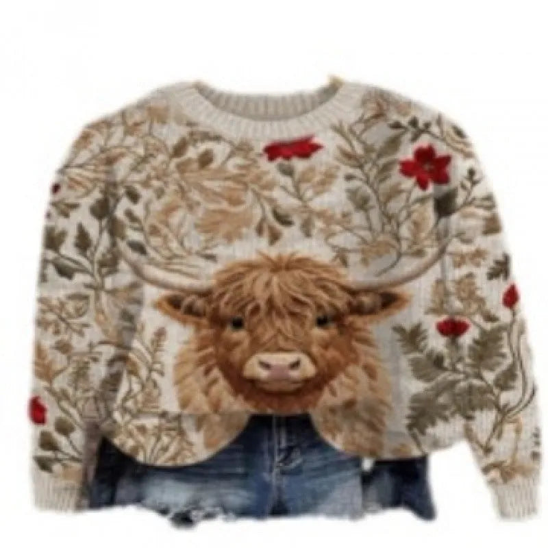 Women's Little Flower digital printed floral pattern round neck long sleeve polyester sweater