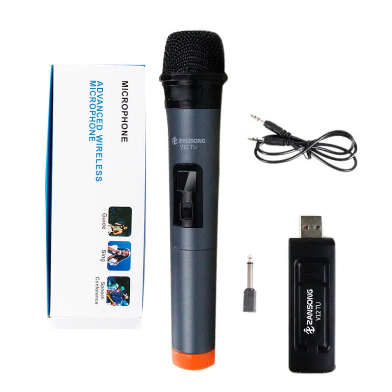 Black ZANSONG V12 dynamic wireless handheld microphone with USB receiver and audio cable.