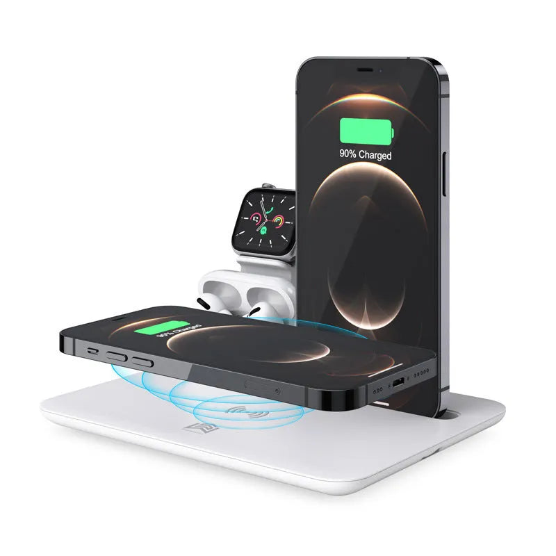 Black and white desktop wireless charging station for phone watch headphones with USB ports