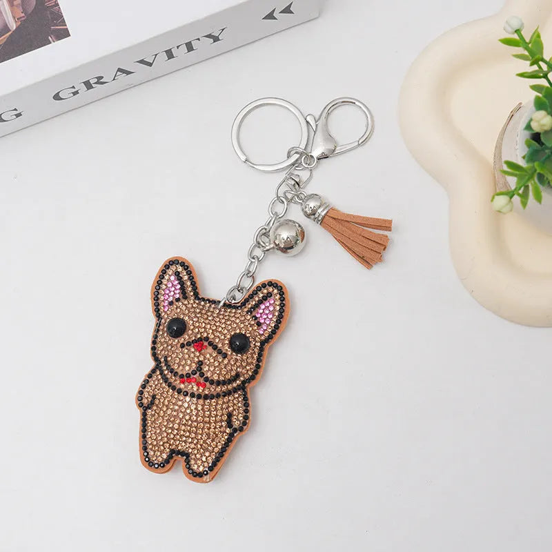 French dog rhinestone keychain with 5-7cm electroplated alloy animal charm in caramel colour