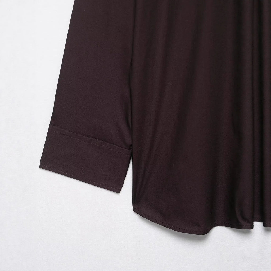 Women's brown loose-fit long sleeve poplin shirt with attached scarf bow tie, front view