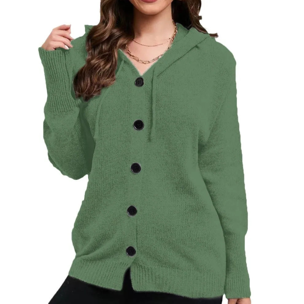 Women's thick cotton hooded cardigan in a loose fit, shown in a solid colour with a single-breasted front.