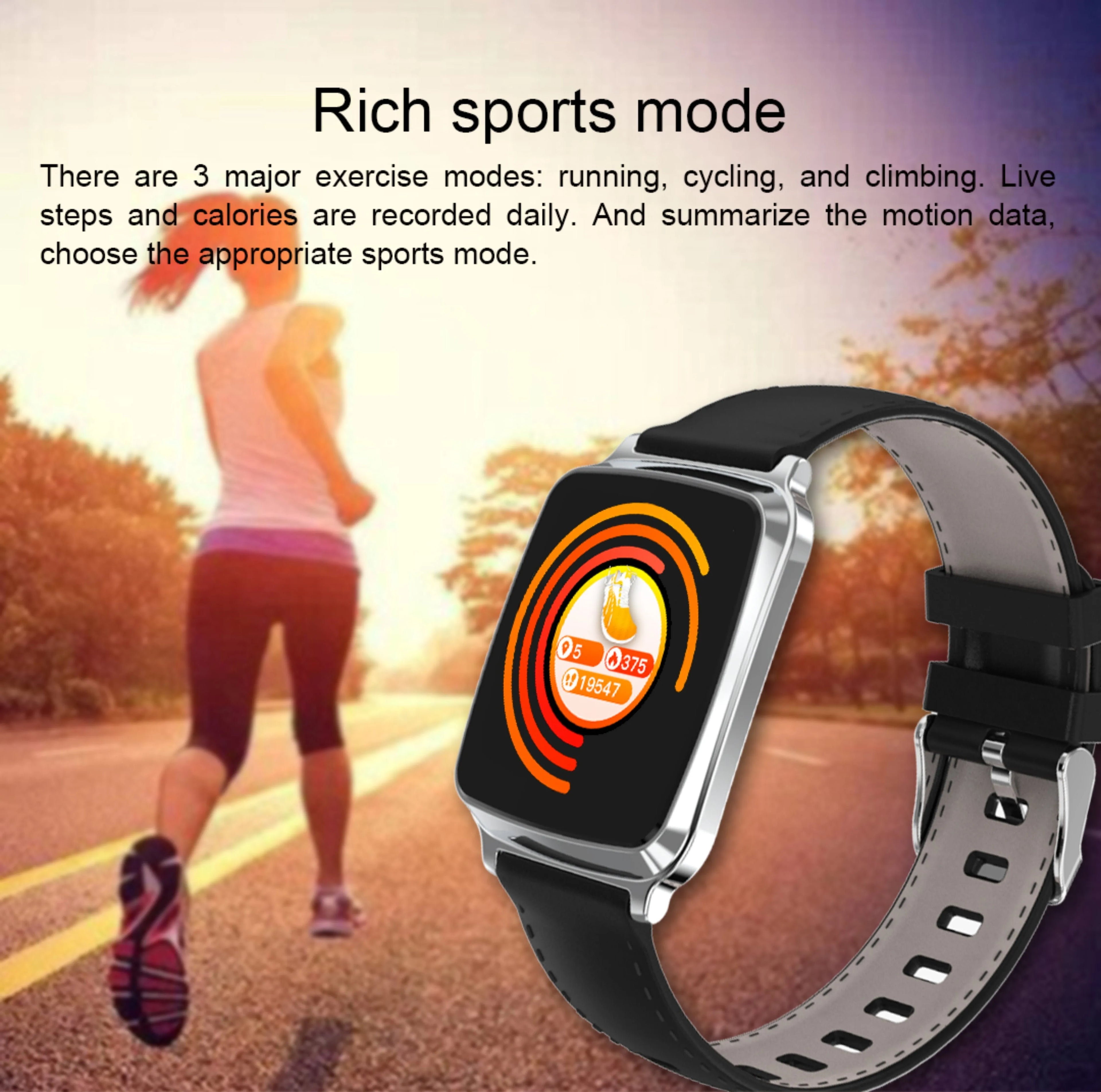 M8 multi-function smart bracelet showing zinc alloy body, TPU strap and touch screen interface for heart rate monitoring