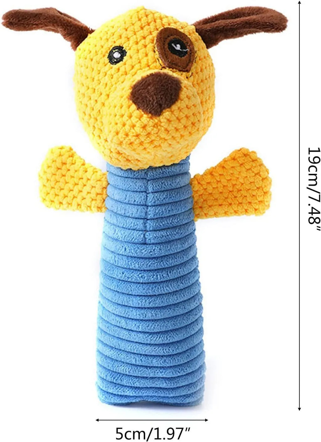 Squeaky stuffed dog chew toy measuring 19cm for dental cleaning and teething relief