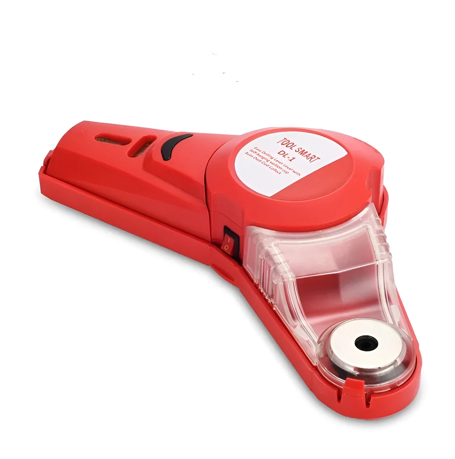 Red handheld portable woodworking laser level with punching positioning function on a workbench.