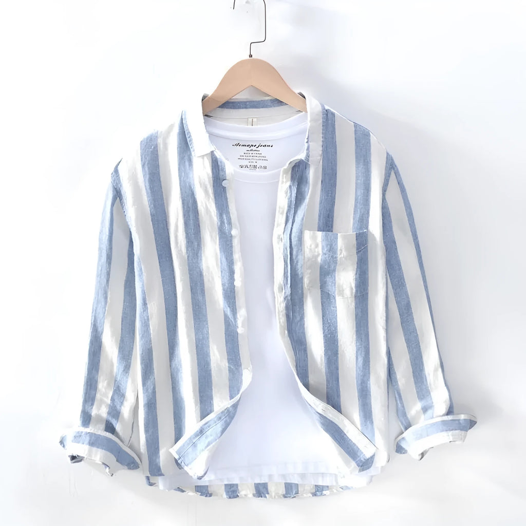 Men's blue Hong Kong style long sleeve shirt with thin fleece lining and loose casual fit