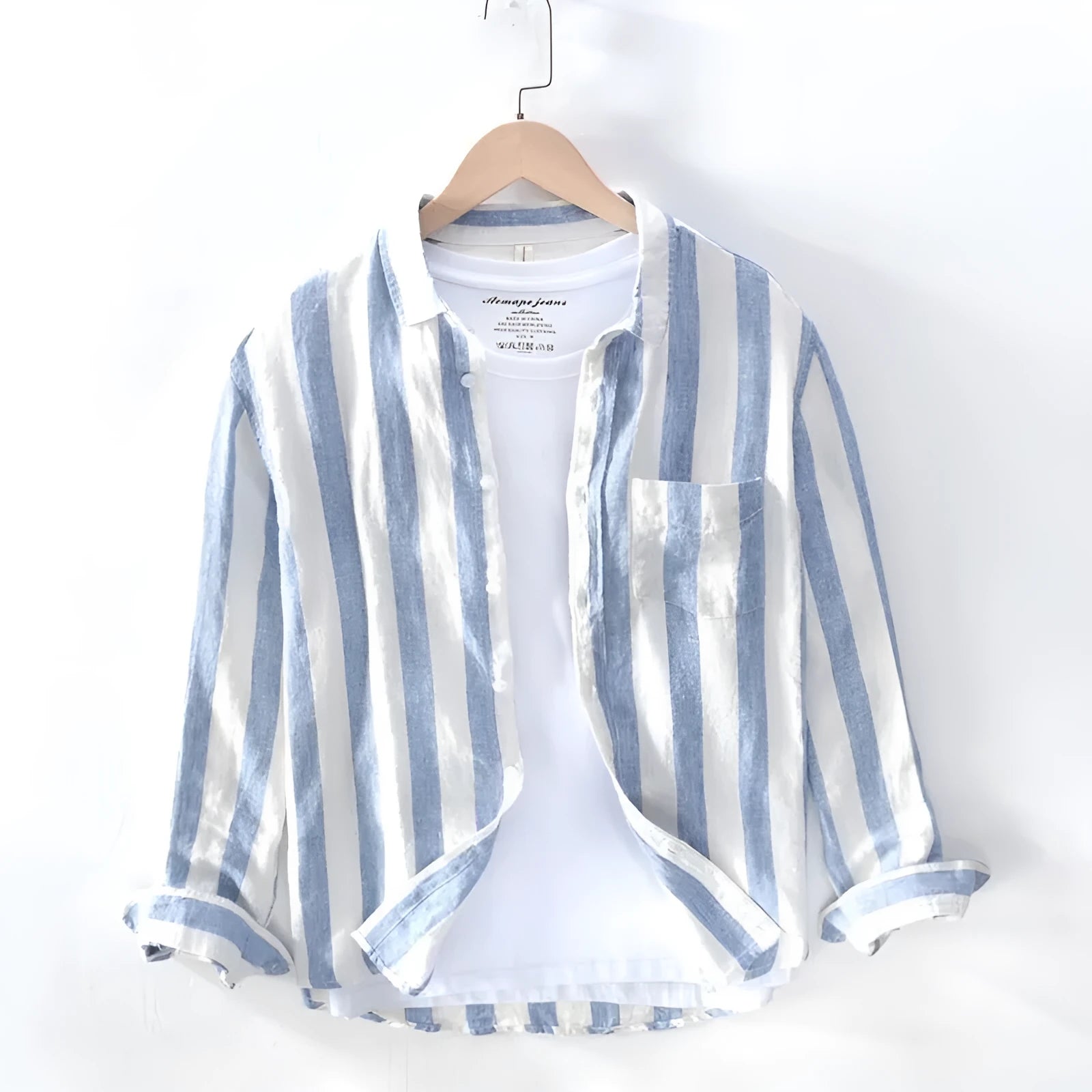 Men's blue Hong Kong style long sleeve shirt with thin fleece lining and loose casual fit