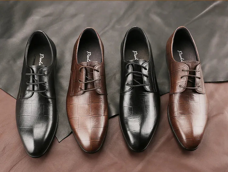 Men's black cow leather Derby shoes with checkered pattern and antiskid rubber soles
