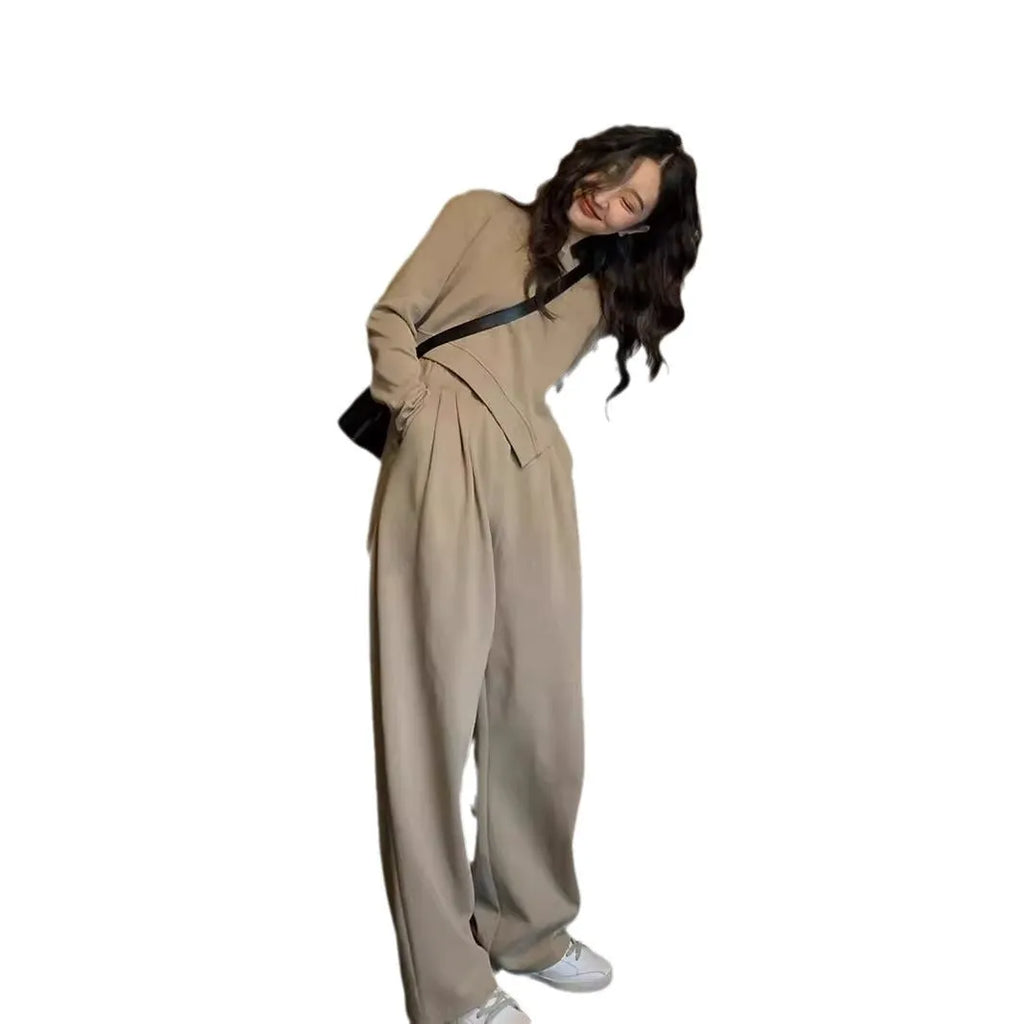 Women's brown casual sports suit with loose fit and Japanese Korean styling