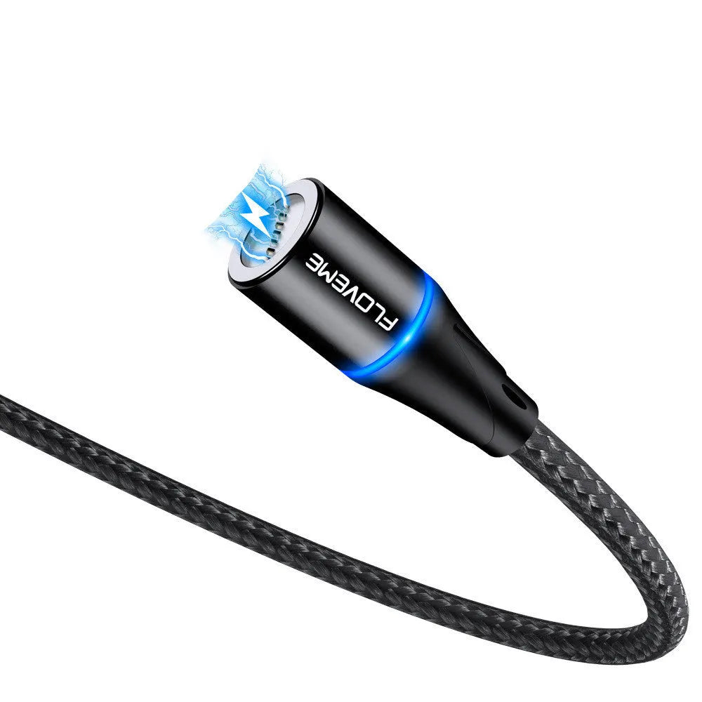 Black magnetic data cable with LED lighting showing Lightning, Micro USB, and USB-C connectors
