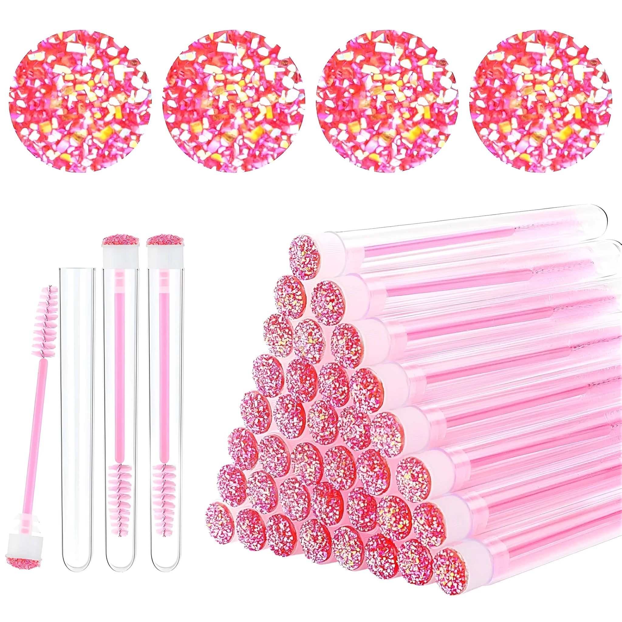 Disposable spiral mascara brushes in blue, green, pink, and purple with transparent storage tubes on white background