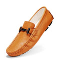 Men's black leather slip-on loafers with a belt buckle strap and flat rubber sole