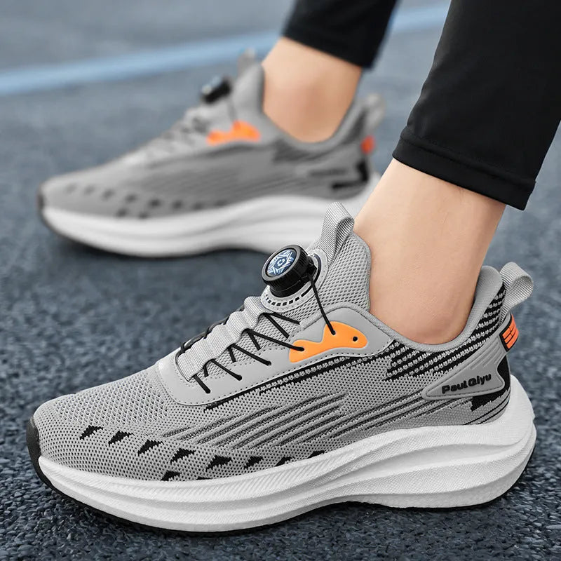 Men's white green and black rotating buckle Fly-kit mesh casual sports running shoes on a flat sole.