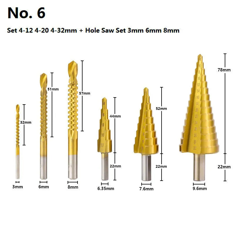 High-speed steel step drill bits and centre punch set for metalworking with diameter ranges from 3mm to 32mm