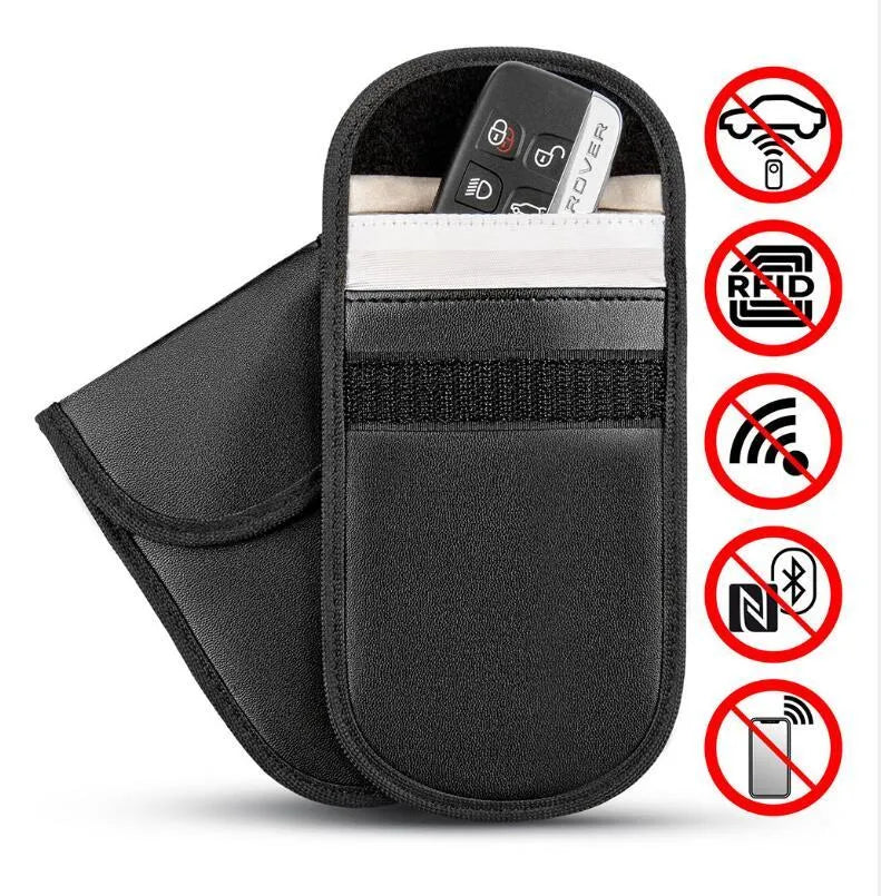 Black microfiber RFID-blocking Faraday bag for car key fobs and credit cards.