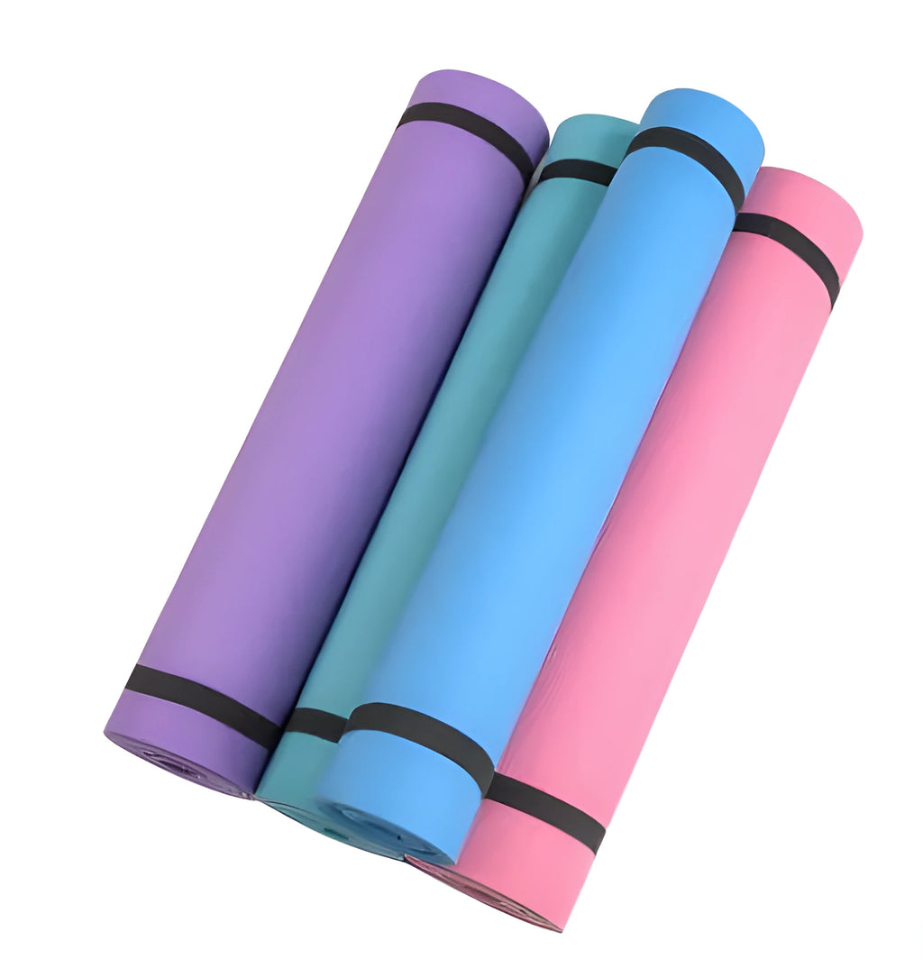 EVA composite yoga mat in a choice of colours showing 4mm and 6mm thickness options for fitness.