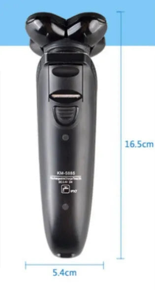 Smart rechargeable razor with ABS body, corner cutter head, nose hair trimmer, charging base, and carrying bag