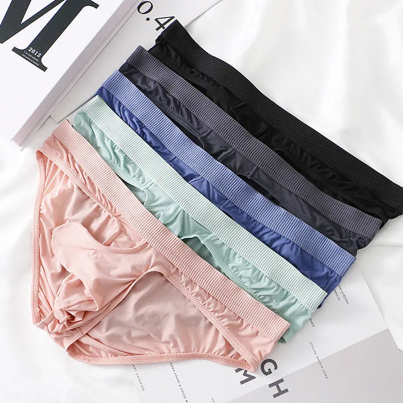 Men's low waist briefs underwear in ice silk fabric showing colour options and briefs style