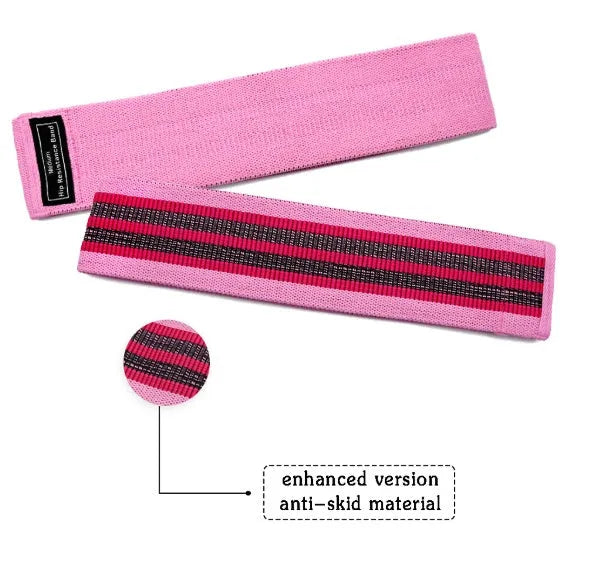 Set of three fabric resistance bands in lake blue, pink, and purple with a net storage bag.