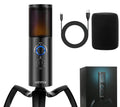Black Q18 two directional condenser microphone with RGB lights on a tripod stand