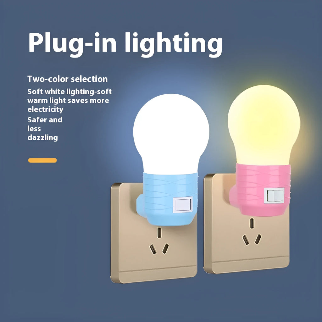 Small round plug-in bedside night light in a choice of white, blue, or pink plastic shell.