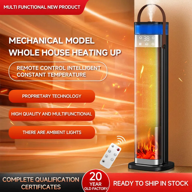 Tall, slim vertical ceramic heater with humidifier tank and remote control on a wooden floor.