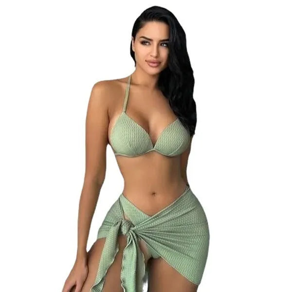 Women's black three-piece swimsuit set with Russian split design, showing top, skirt, and panties