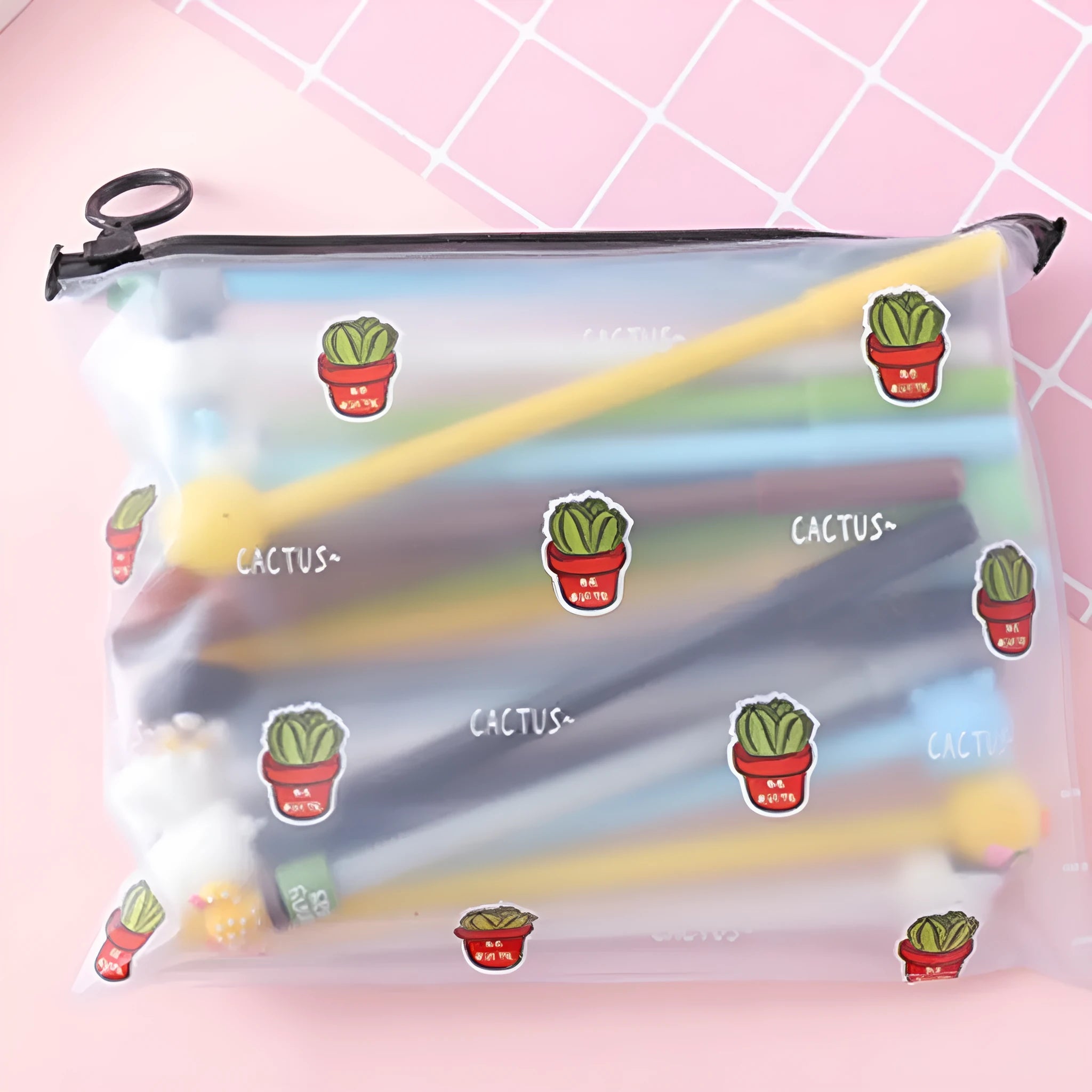Marvel cartoon themed 0.5mm black pen set with twenty pens in plastic storage case featuring cactus character designs.