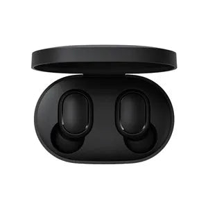 Black Redmi AirDots 2 true wireless Bluetooth earphones with charging case.