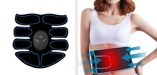 Abdominal muscle patch set with digital display in blue, red, and yellow edge options on a white background.