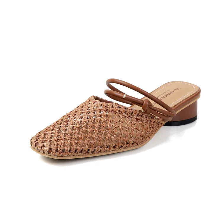 Women's square toe chunky heel slippers in beige colour with hollow-out upper, side view