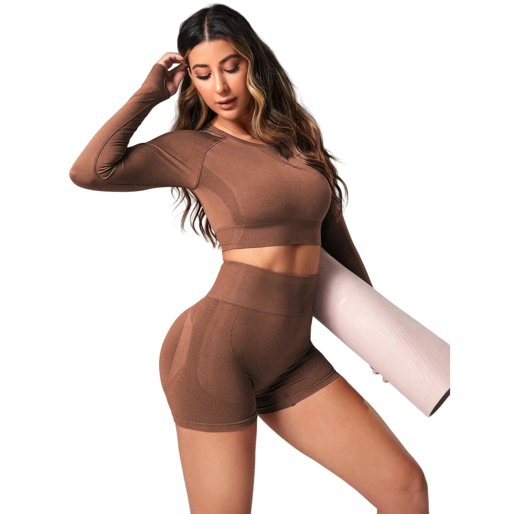 Women's high-waist yoga suit with long sleeves in black quick-drying fabric