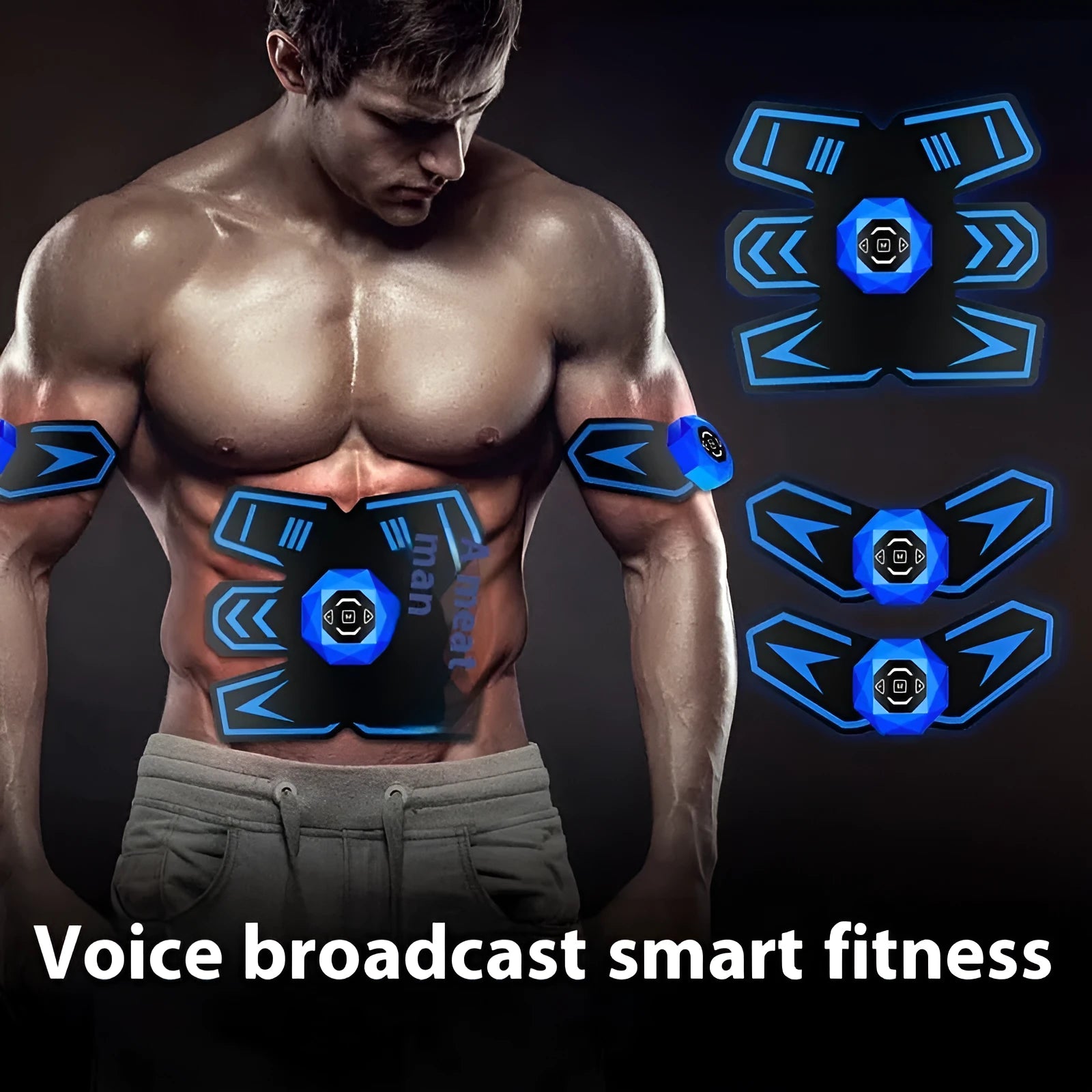 Eight abdominal body sculpting massage patches made of PU leather, silicone, and ABS resin on a white background
