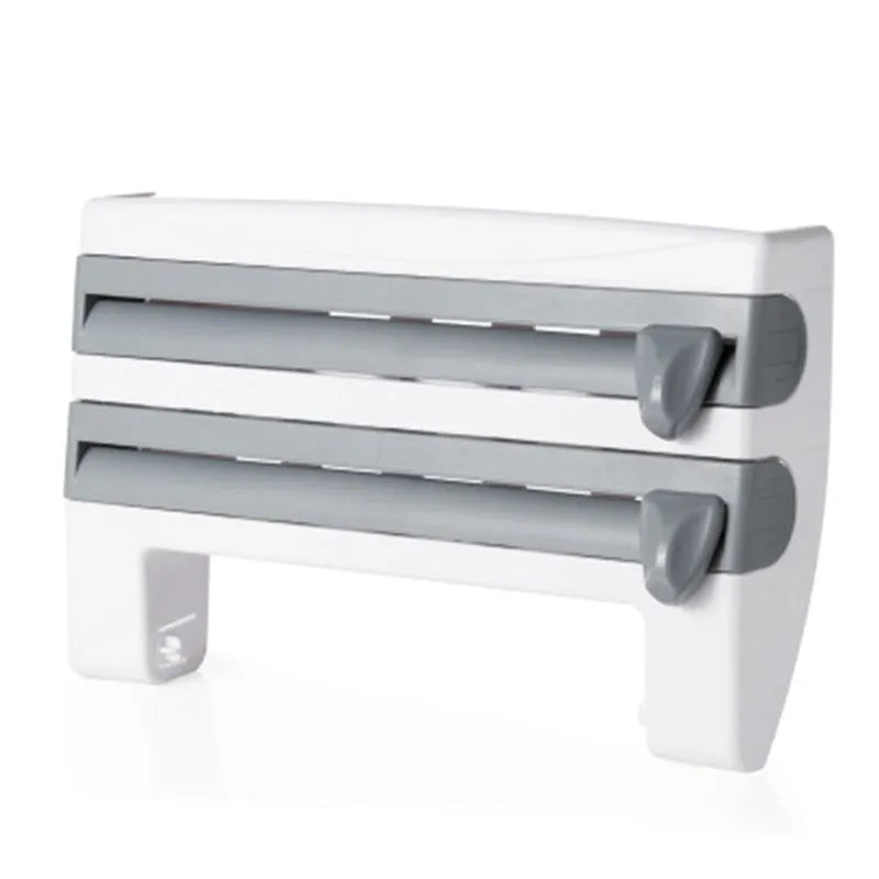 4-in-1 wall-mounted ABS kitchen roll holder dispenser for cling film, foil, tissue and paper towels, 39x10x24cm, in white