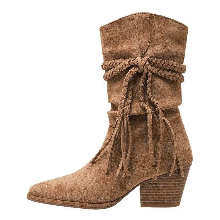 Women's tassel hemp rope cowboy boots in brown cowhide leather with pointed toe and chunky heel